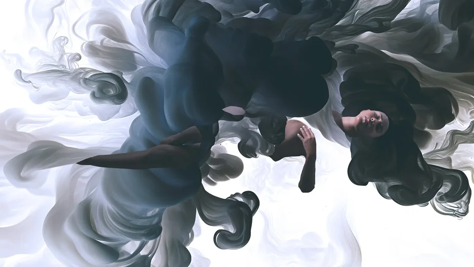 Surreal image study combining a figure with flowing dark and pale forms.